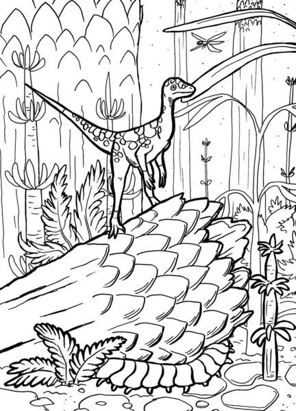 Bir dinozorun siyah-beyaz renkli sayfa mürekkep çizimi.
