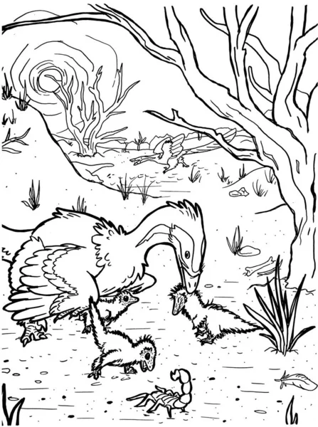 Bir dinozorun siyah-beyaz renkli sayfa mürekkep çizimi.