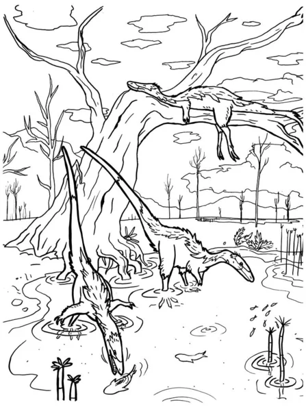 Svart Och Vit Färg Sida Bläck Illustration Dinosaurie — Stockfoto