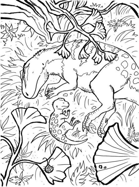 Bir dinozorun siyah-beyaz renkli sayfa mürekkep çizimi.