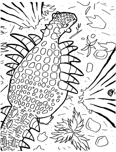 Bir dinozorun siyah-beyaz renkli sayfa mürekkep çizimi.