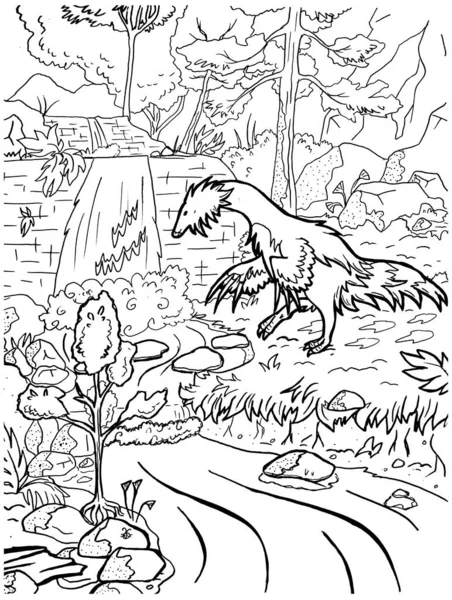 Bir dinozorun siyah-beyaz renkli sayfa mürekkep çizimi.