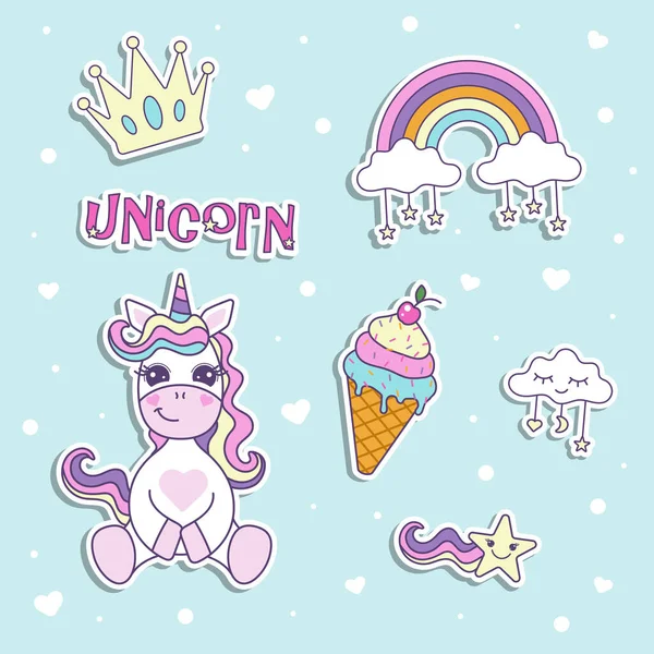 Koleksi Stiker Dengan Unicorn Lucu Dan Pelangi Untuk Anak Anak - Stok Vektor