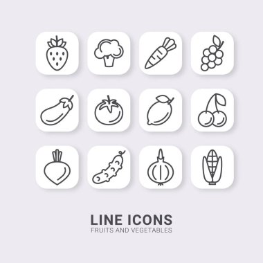 12 satır simgesi ile ayarlayın. Yiyecekler. Düz stil. Vektör illüstrasyonu.