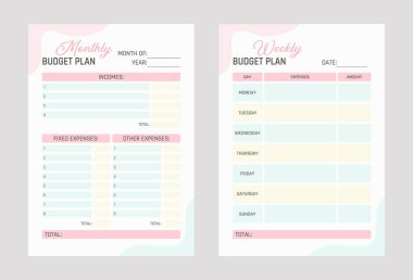 Aylık ve haftalık bütçe planlayıcısı. Pastel renkli iki yaprak. Vektör illüstrasyonu.