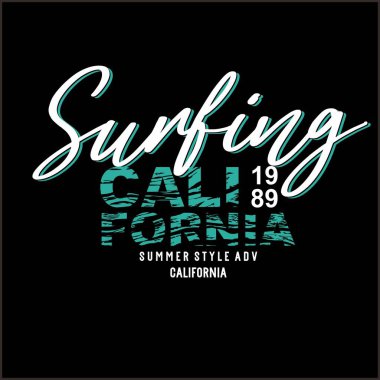 SURFING California tasarım tipografisi, Grunge arkaplan vektör tasarımı metin çizimi, işaret, t-shirt grafikleri, yazdırma.