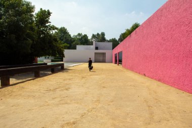 Luis Barragan 'ın mimari işleri, siyah giyinmiş çocuk, kum üzerinde, pembe Meksika duvarı, sırt çantası, ağaçlar, fıskiyeler, bağlamdaki su aynası..