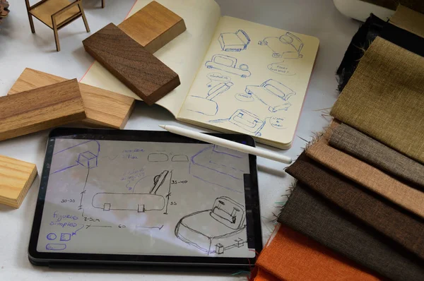 Furniture Design Digital Drawing Tablet Analog Notebook Hand Drawing Proposal — Stok fotoğraf