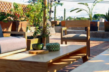 Patio. Garden. Urban, neutral, outdoor living space. Exterior photo. Outdoor living room with couch, comfy cushions, throw pillows, love seat, chairs and coffee table. Backyard with greenery, plants.