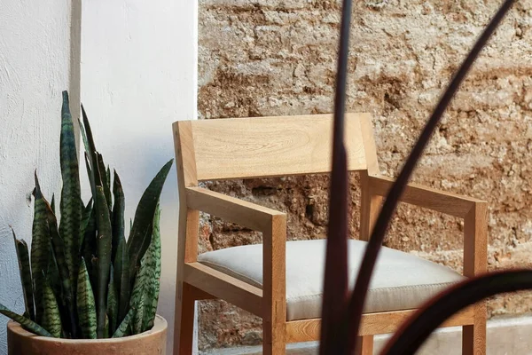 Chair Modern Wood Frame Wooden Wall Copy Space Minimal Interior — Fotografia de Stock