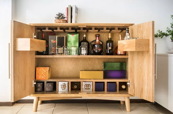 Wine Cabinet Interior Alcohol Storage Restaurant House Collection Wine Cognac — Fotografia de Stock