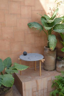 designer side or center coffee table, top in natural stone, volcanic stone, quarry or terrazzo, base in solid wood, purple rose, oak or tzalam. Interior table, decorations and interior design wooden