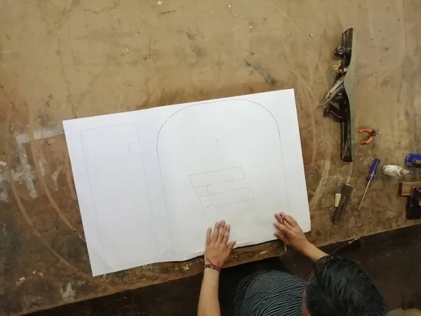 Anonymous Carpenter Working New Project His Workshop Table Top View — Stock Photo, Image