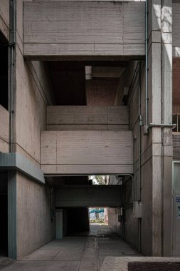 modern concrete architecture cement building brutalist , stairs of an institution or school, guadalajara mexico,