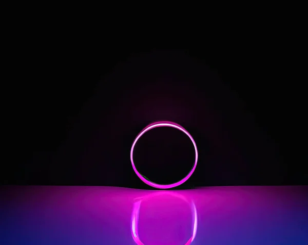 Light Rings Pink Blue Magenta Turquoise Reflections Floor Black Background — Stock Fotó