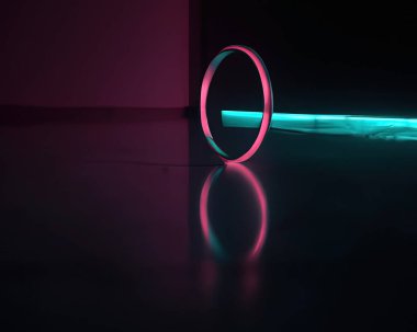 light rings, pink and blue, magenta and turquoise with reflections on the floor, black background, moving light rings, background, wallpaper, wallpaper, mobile background