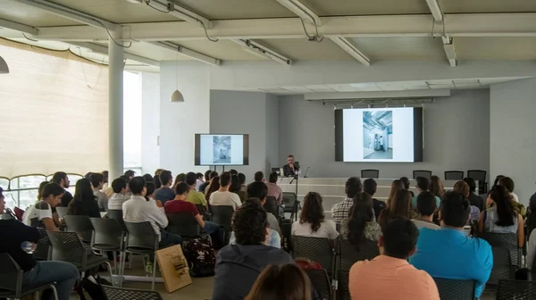 Students Paying Attention Lecture Given Woman Projecting Books Architectural Education — 스톡 사진