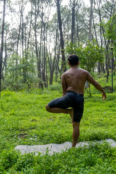 hispanic and latin man, meditating in the middle of a forest, receiving sun rays, brown skin, mexico latin america