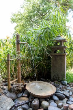 Meksika Guadalajara 'da bambu, nehir taşları ve dökülen suyla küçük Asya çeşmesi.