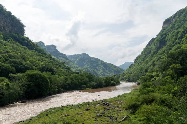 stock image dirty river seen through the huentitan ravine in guadalajara, green vegetation, trees, plants and mountains, mexico latin america