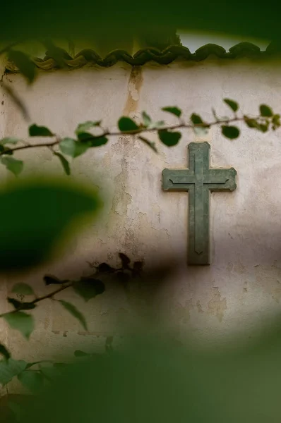 Cross on church wall. Christianity. Religion. Symbol. Worship. cross on worn wall among vegetation, plant out of focus and tiles on the top, mexico latin america, without people