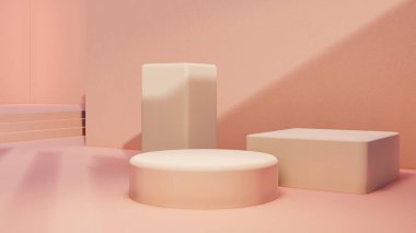 Podyum, ürün standı, pembe arkaplan dokusu üzerine makara yapın ürün sunumları, sergiler ve modeller için ideal arka plan.