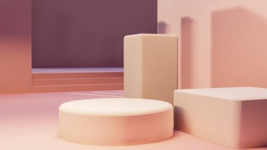 Podyum, ürün standı, pembe arkaplan dokusu üzerine makara yapın ürün sunumları, sergiler ve modeller için ideal arka plan.