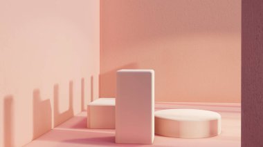 Podyum, ürün standı, pembe arkaplan dokusu üzerine makara yapın ürün sunumları, sergiler ve modeller için ideal arka plan.