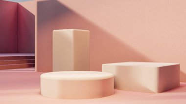 Podyum, ürün standı, pembe arkaplan dokusu üzerine makara yapın ürün sunumları, sergiler ve modeller için ideal arka plan.