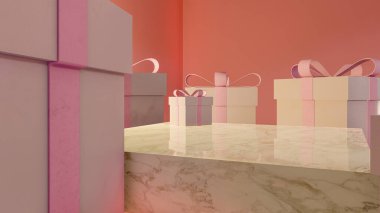 Podyum, ürün standı, pembe arkaplan dokusu üzerine makara yapın ürün sunumları, sergiler ve modeller için ideal arka plan.