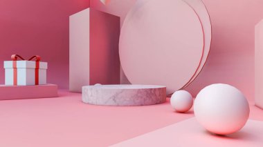 3D görüntüleme, hediyelerin ve balonların 3D yorumlanması, ürün yerleştirme, pembe arkaplan ve renkler için sahne ve podyum, ok ve balonlu hediye modelleri