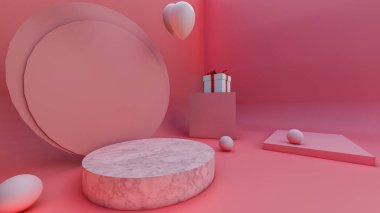3D görüntüleme, hediyelerin ve balonların 3D yorumlanması, ürün yerleştirme, pembe arkaplan ve renkler için sahne ve podyum, ok ve balonlu hediye modelleri