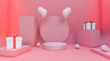 3D görüntüleme, hediyelerin ve balonların 3D yorumlanması, ürün yerleştirme, pembe arkaplan ve renkler için sahne ve podyum, ok ve balonlu hediye modelleri