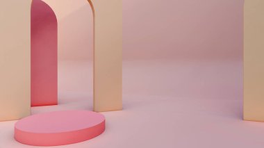 Podyum, ürün standı, pembe arkaplan dokusu üzerine makara yapın ürün sunumları, sergiler ve modeller için ideal arka plan.