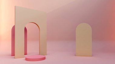 Podyum, ürün standı, pembe arkaplan dokusu üzerine makara yapın ürün sunumları, sergiler ve modeller için ideal arka plan.