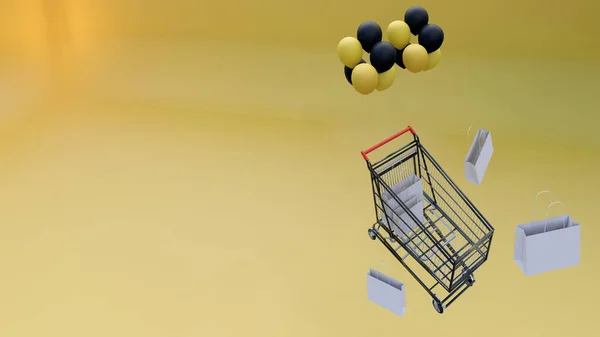 3D渲染 购物车黄色背景 复制空间 购物袋和气球 — 图库照片
