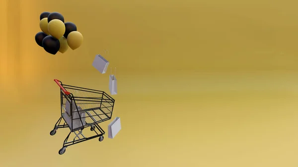 Renderowania Zakupy Koszyka Żółte Tło Przestrzeń Kopiowania Zakupy Torby Balonami — Zdjęcie stockowe