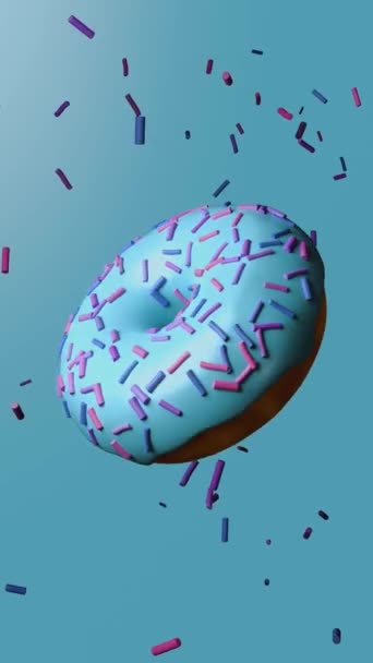 Donut Animado Rotativo Chips Chocolate Doces Caindo Fundo Donut Azul — Vídeo de Stock