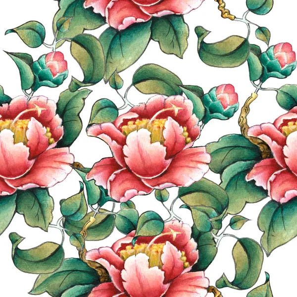 Sömlöst Mönster Camellia Blomma Akvarell Illustration Manuell Sammansättning Design För — Stockfoto