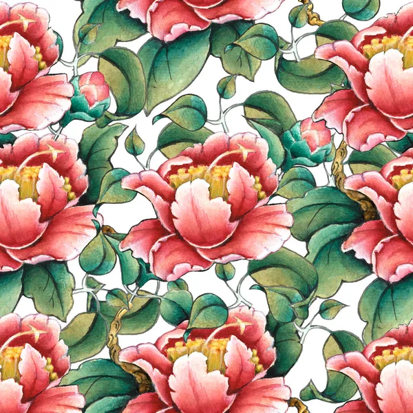 Sömlöst Mönster Camellia Blomma Akvarell Illustration Manuell Sammansättning Design För — Stockfoto