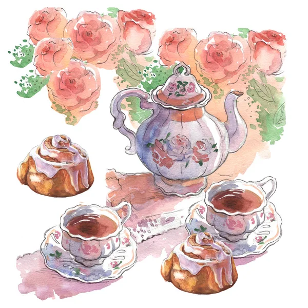 Vintage porcelain teapot with cup and bun on white background. Hand drawn watercolor illustration for greeting cards, invitations, logos, and printed materials.