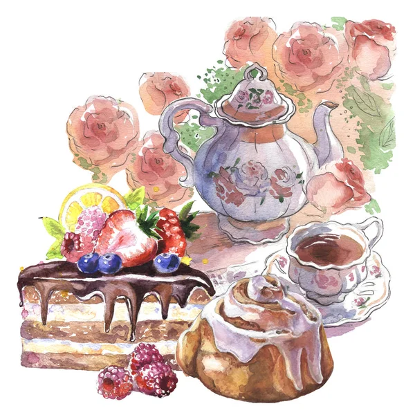 Vintage porcelain teapot with cup and Cake with fresh berries and bun. Hand drawn watercolor illustration for greeting cards, invitations, logos, and printed materials.