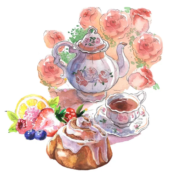 Vintage Porcelain Teapot Cup Cake Fresh Berries Bun Hand Drawn — Stock Photo, Image