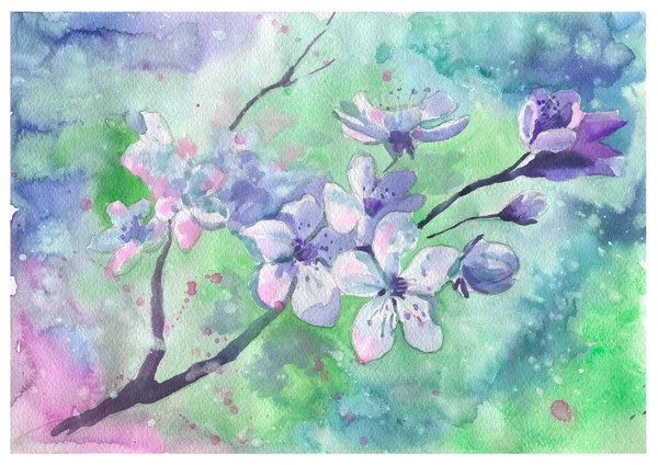 Watercolor Cherry Blossom Flower Spring Flowers Watercolor Botanical Pattern Wedding — Stockfoto
