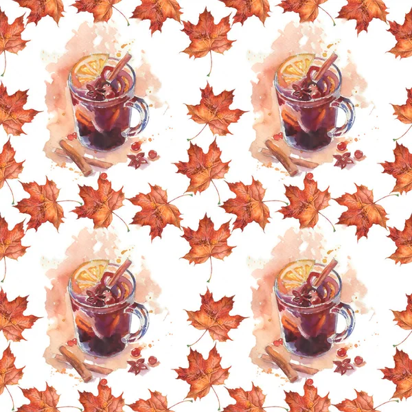 Seamless pattern. Autumn pattern from maple leaves and tea. Autumn maple tree leaf for the design of greeting cards, holiday banners, and posters.