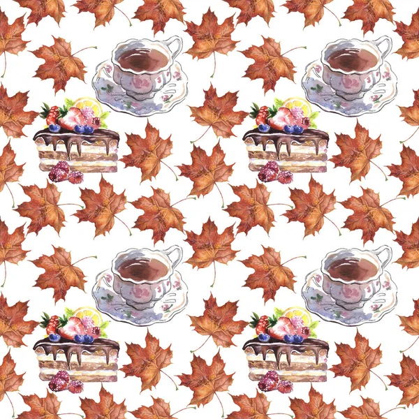 Seamless pattern. Autumn pattern from maple leaves and tea. Autumn maple tree leaf for the design of greeting cards, holiday banners, and posters.