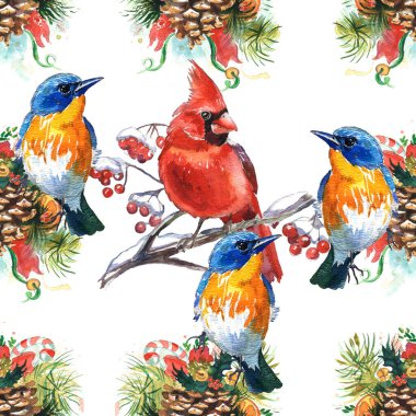 Seamless pattern. Watercolor illustration. Birds and spruce branch with a cone on a white background.