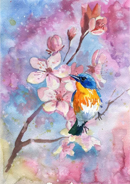 Watercolor illustration. Tit and spring flowers. Drawn in a romantic style.