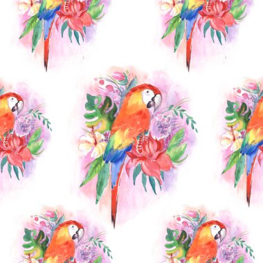 Palyaço Macaw, tropikal yapraklar ve çiçekler içindeki papağan, beyaz arka planda izole edilmiş bir dalda oturan yeşil papağan. Gerçekçi suluboya. Resmedilmiş. Şablon. Klip sanatı. El çizimi. El boyası.