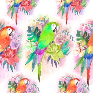 Palyaço Macaw, tropikal yapraklar ve çiçekler içindeki papağan, beyaz arka planda izole edilmiş bir dalda oturan yeşil papağan. Gerçekçi suluboya. Resmedilmiş. Şablon. Klip sanatı. El çizimi. El boyası.